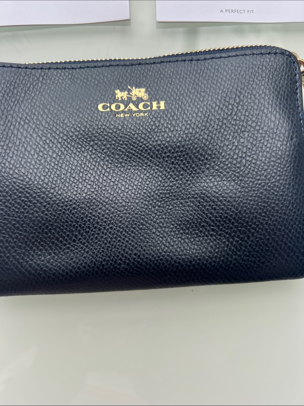 Coach “NWT”Black Pebbled Leather Wristlet with Gold Logo - Picture 2 of 5